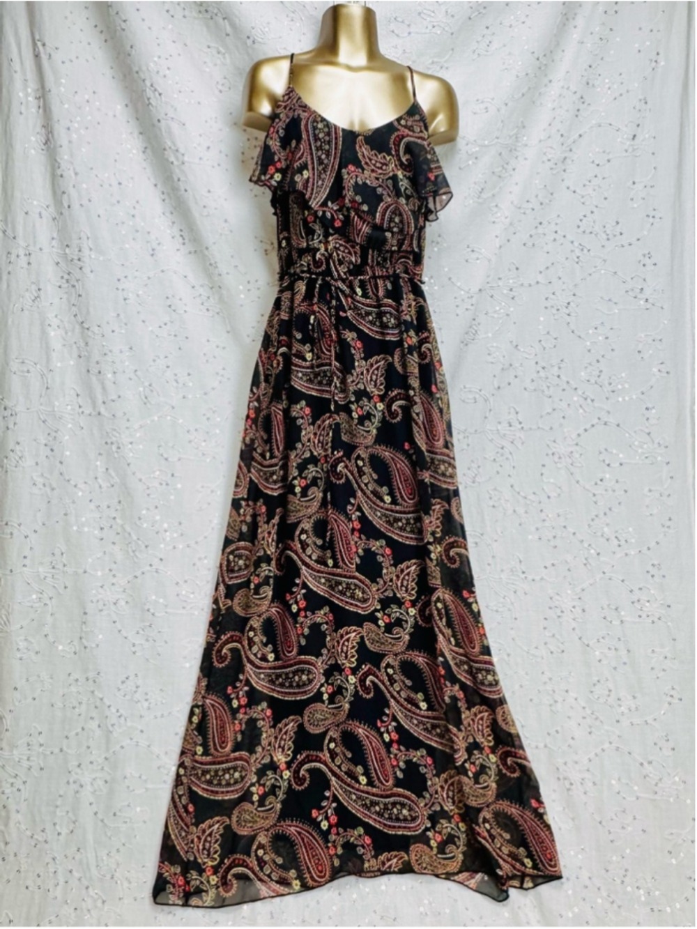 Behave Paisley Maxi Dress Size Medium Black Boho Ruffle Overlay Sleeveless USA